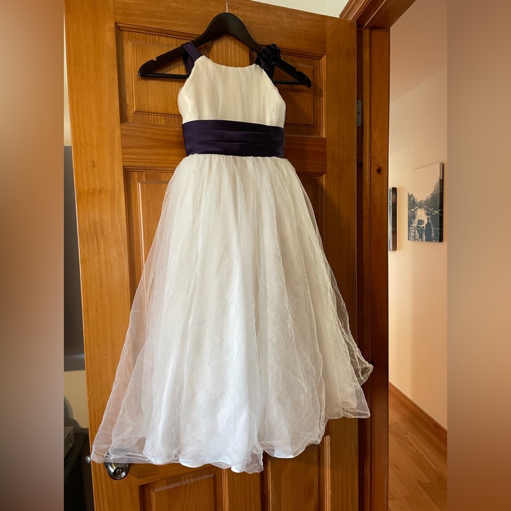 ALFRED SUNG White and Dark Purple Flower Girl Dress